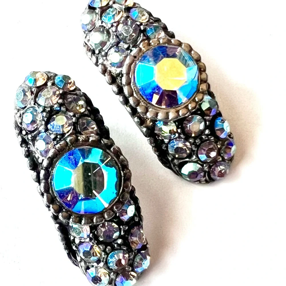 Dazzling Vintage Rhinestone Ear Clips Aurora Borealis Shimmer Statement Earrings